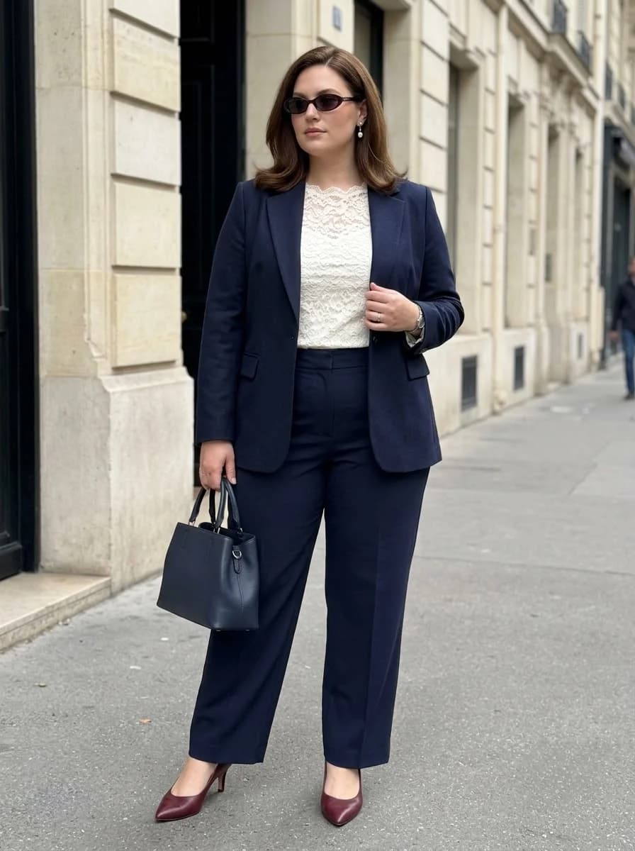 Navy Suit with Romantic White Lace