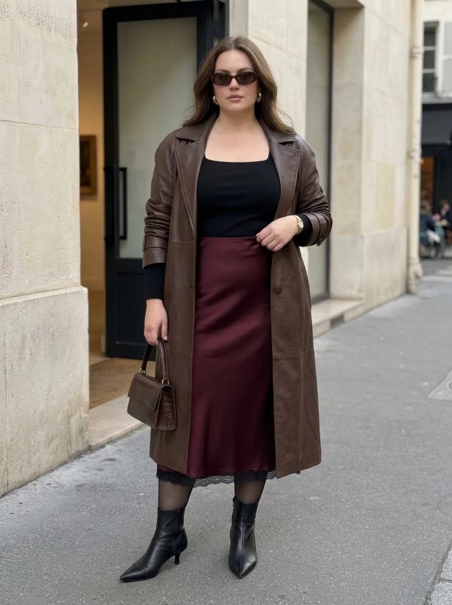 Chocolate Leather Trench & Burgundy Satin Skirt