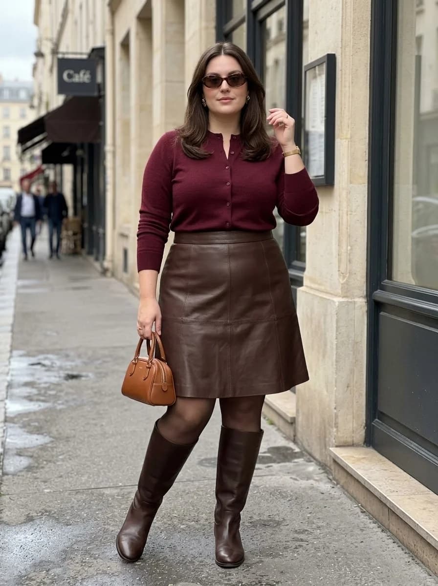 Burgundy Cardigan & Chocolate Leather Mini Skirt