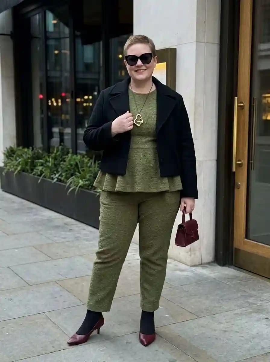 Olive Peplum Top + Olive Tailored Trousers + Black Jacket