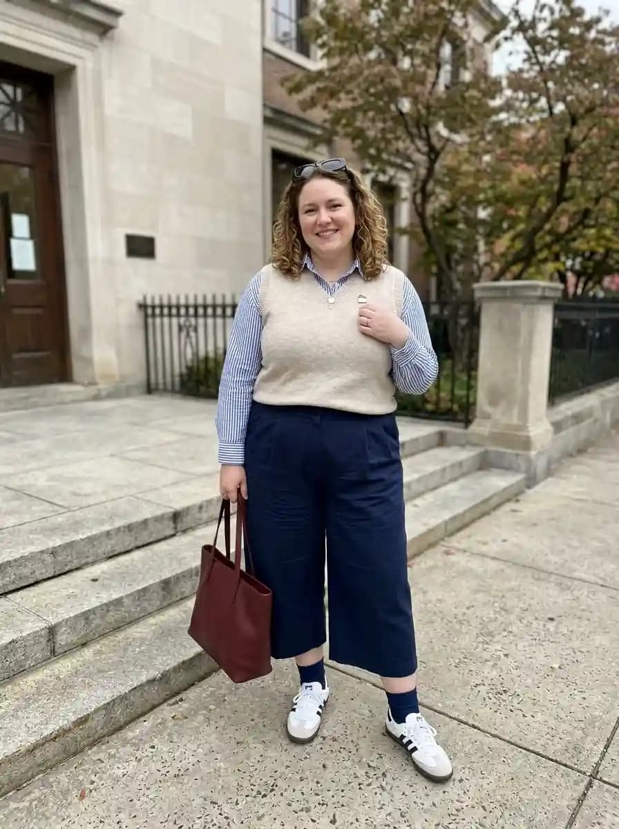 Blue and White Striped Shirt + Beige Sweater Vest + Navy Culottes