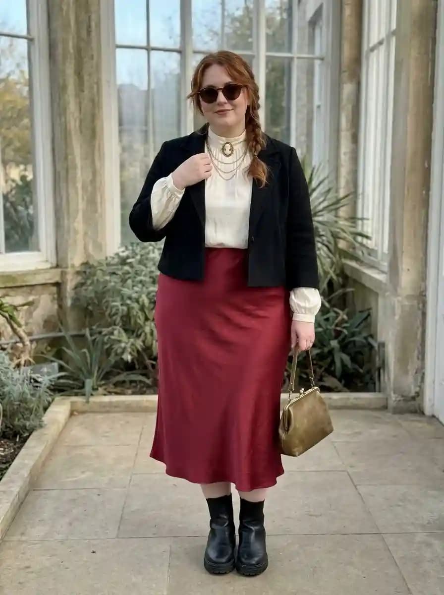 White Victorian Blouse + Black Blazer + Burgundy Slip Skirt