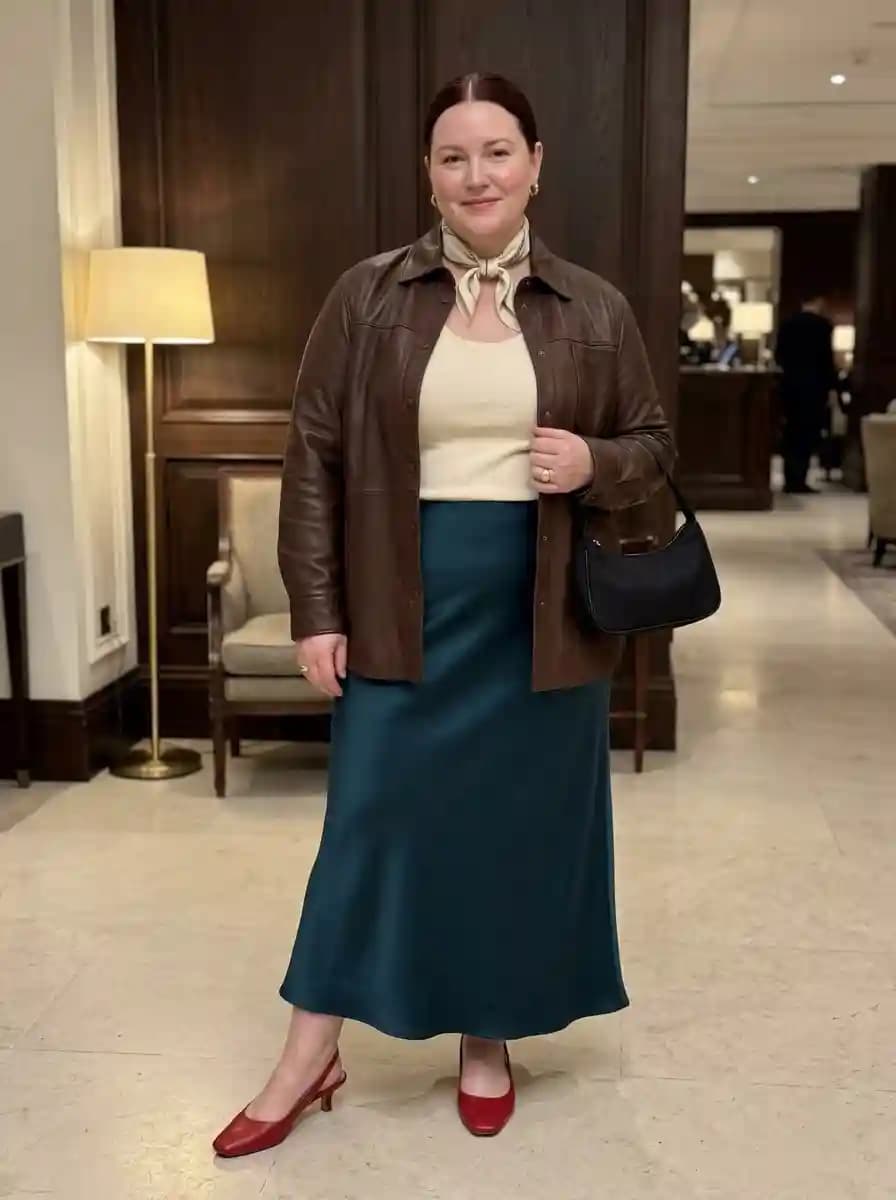 Cream Knit Top + Brown Leather Shacket + Teal Satin Slip Skirt