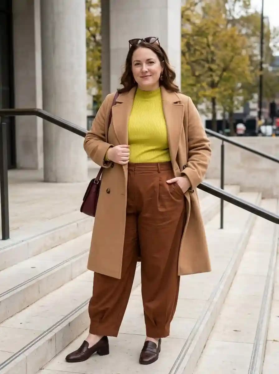 Yellow Ribbed Turtleneck + Brown Corduroy Trousers + Camel Coat