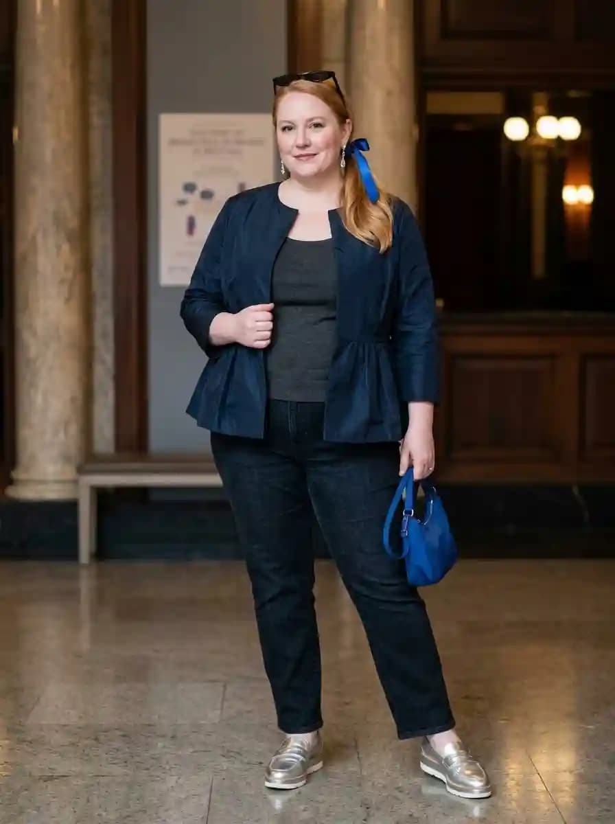 Grey Tank Top + Navy Peplum Jacket + Black Skinny Jeans