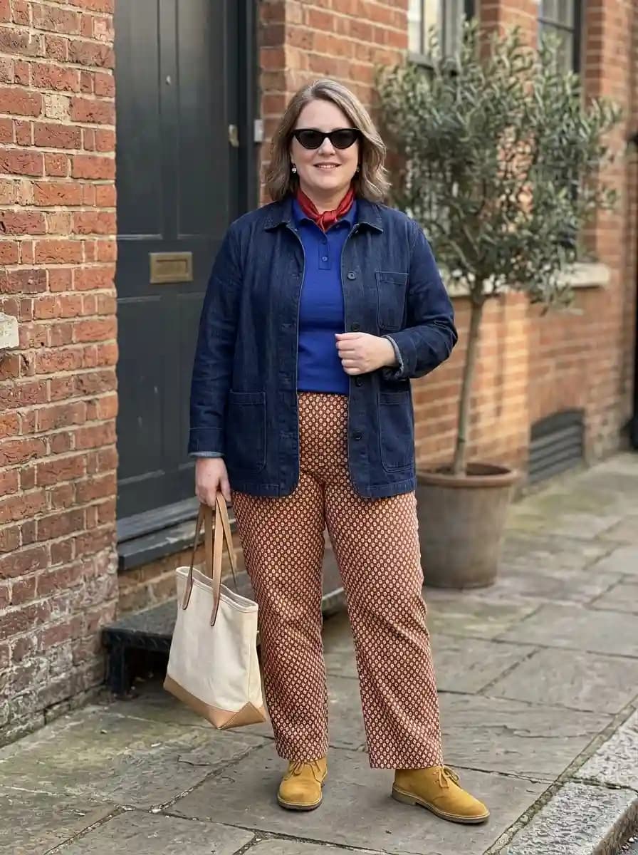 Cobalt Blue Polo Shirt + Denim Jacket + Printed Wide-Leg Trousers