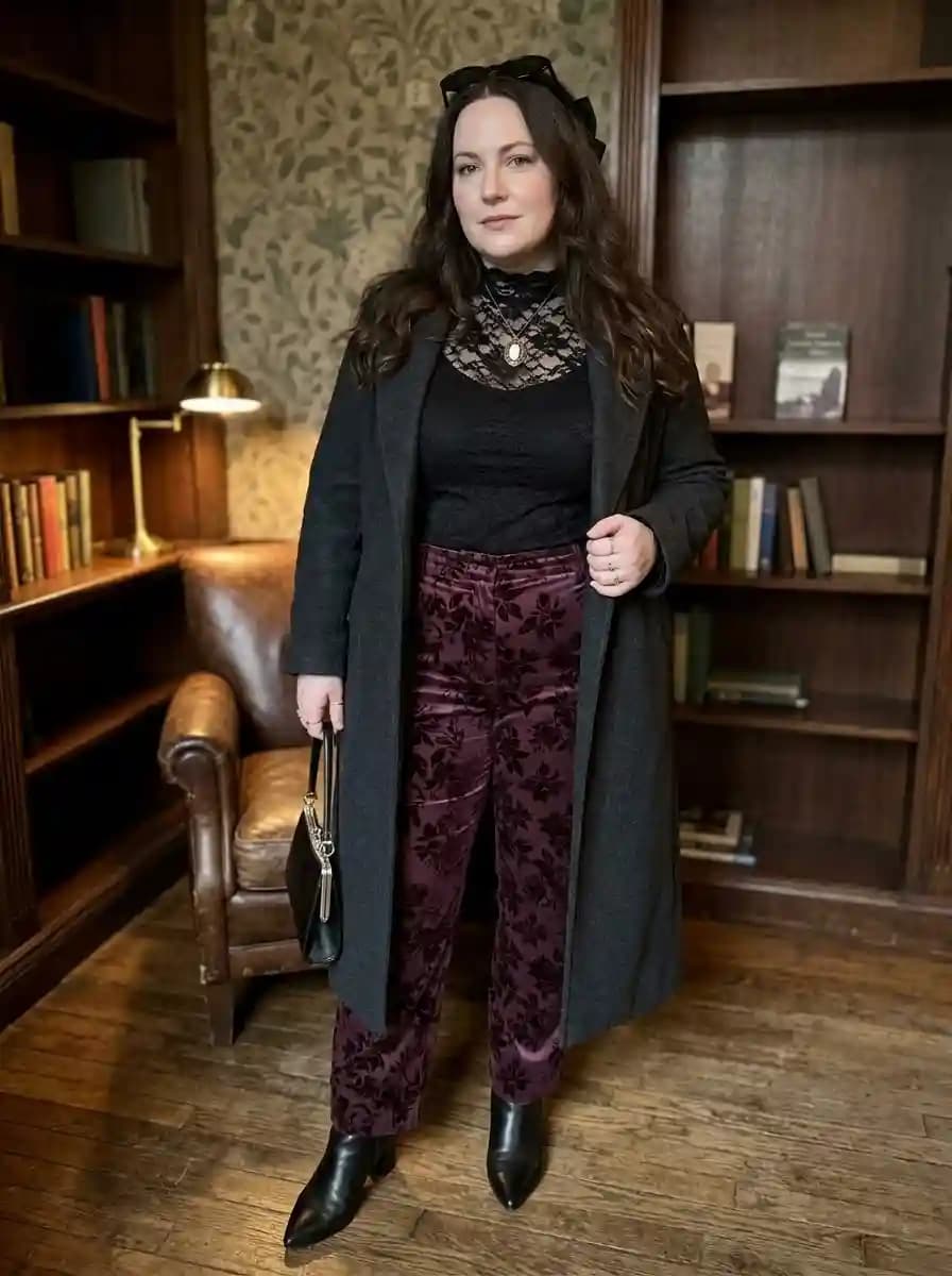 Grey Overcoat + Black Lace Top + Burgundy Velvet Trousers