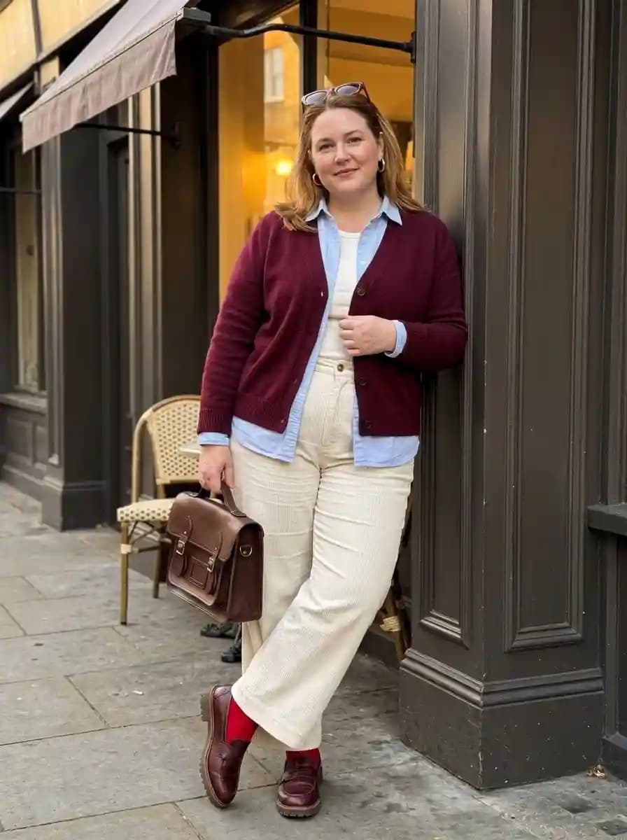 Light Blue Button-Up Shirt + Burgundy Cardigan + Cream Wide-Leg Trousers