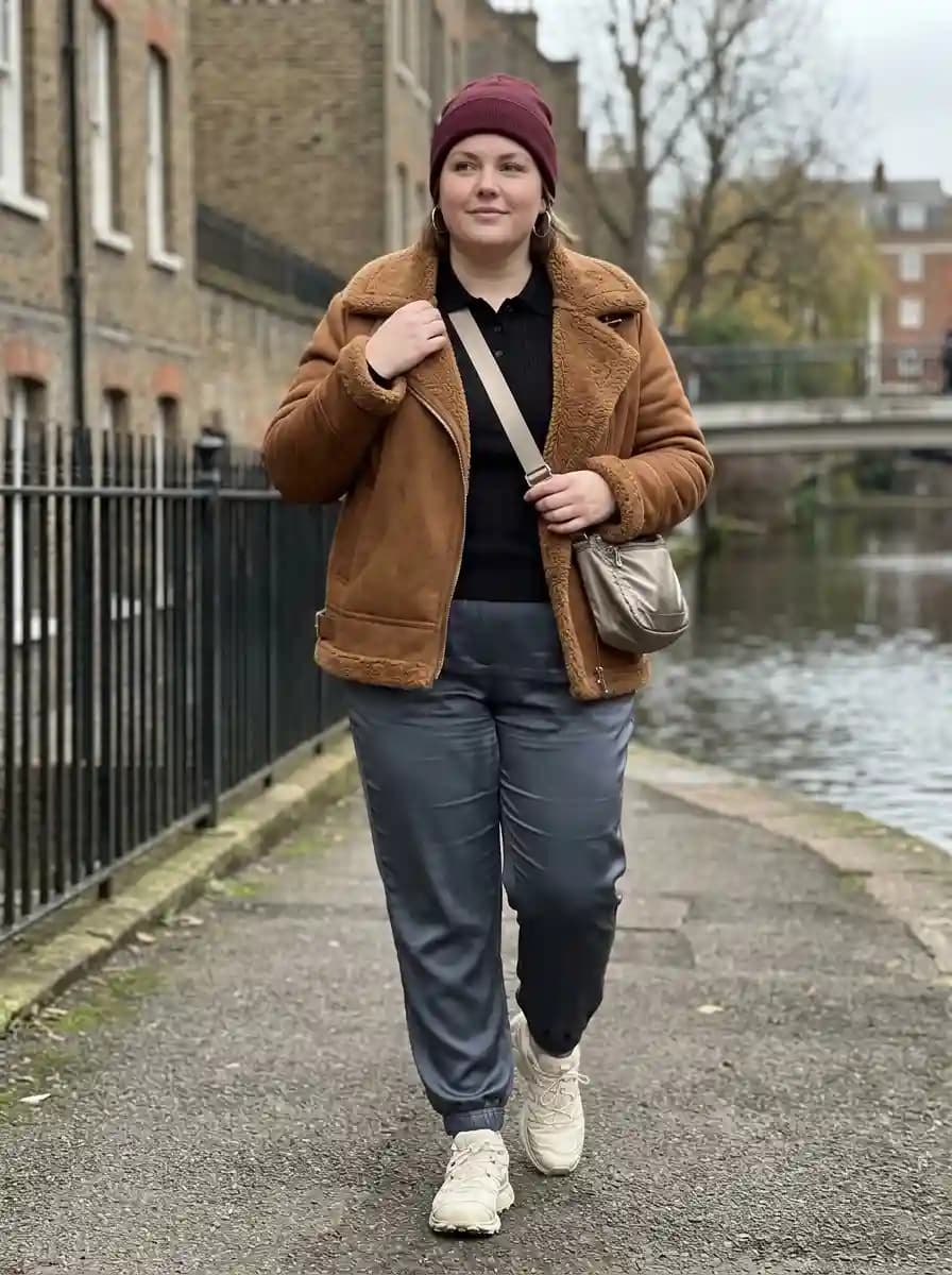 Black Polo Shirt + Grey Sweatpants + Brown Shearling Jacket