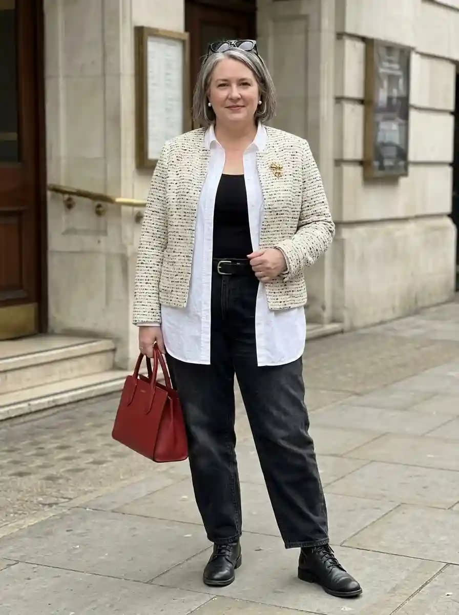 White Shirt + Black Tank + Cream Tweed Blazer + Black Jeans