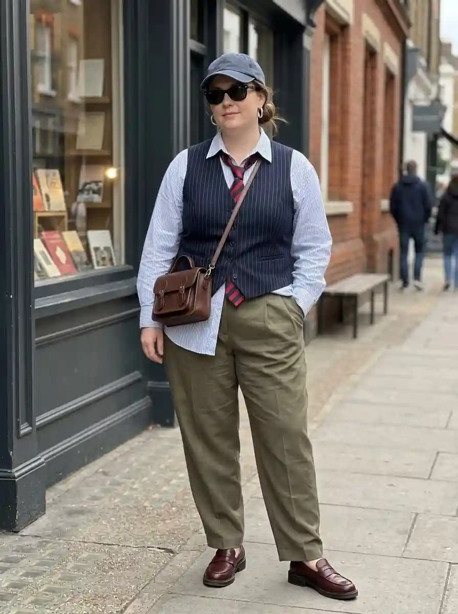 Striped Shirt + Navy Pinstripe Vest + Olive Trousers