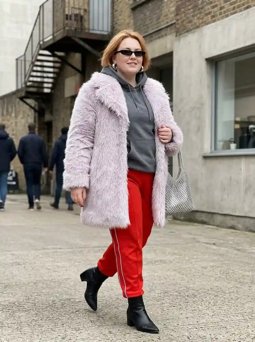 Grey Hoodie + Red Track Pants + Pink Faux Fur Coat