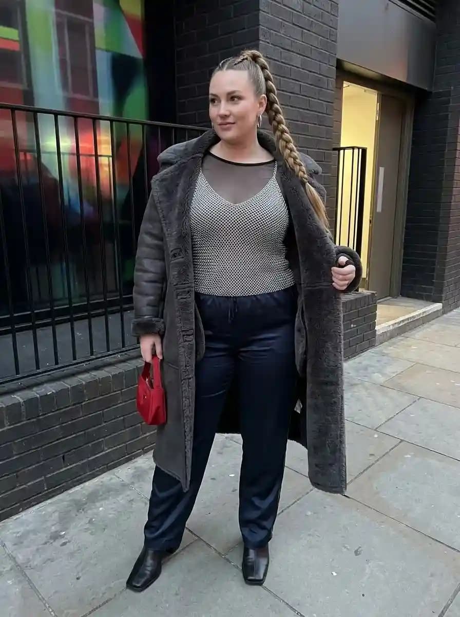Silver Mesh Top + Navy Satin Trousers + Grey Shearling Coat