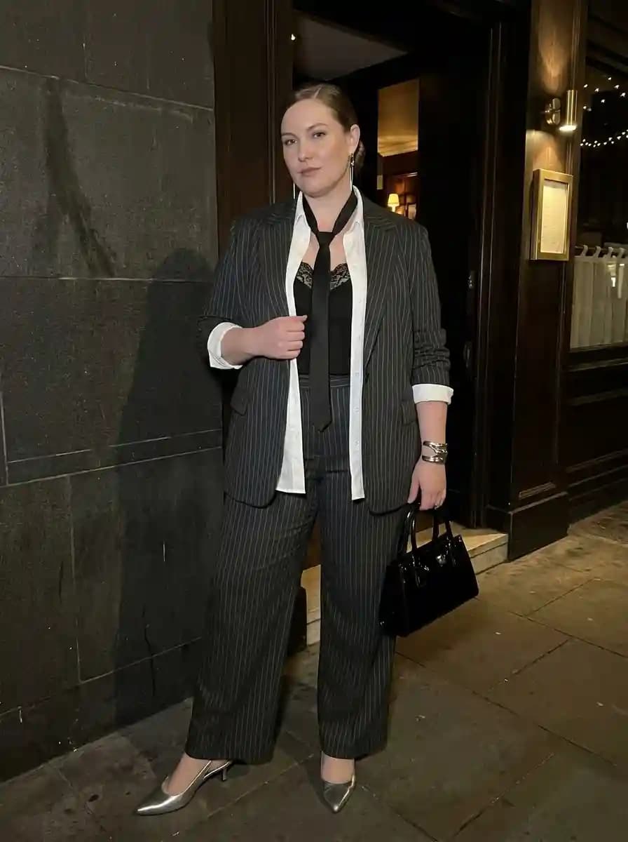 Grey Pinstripe Suit + Black Lace Camisole + White Shirt