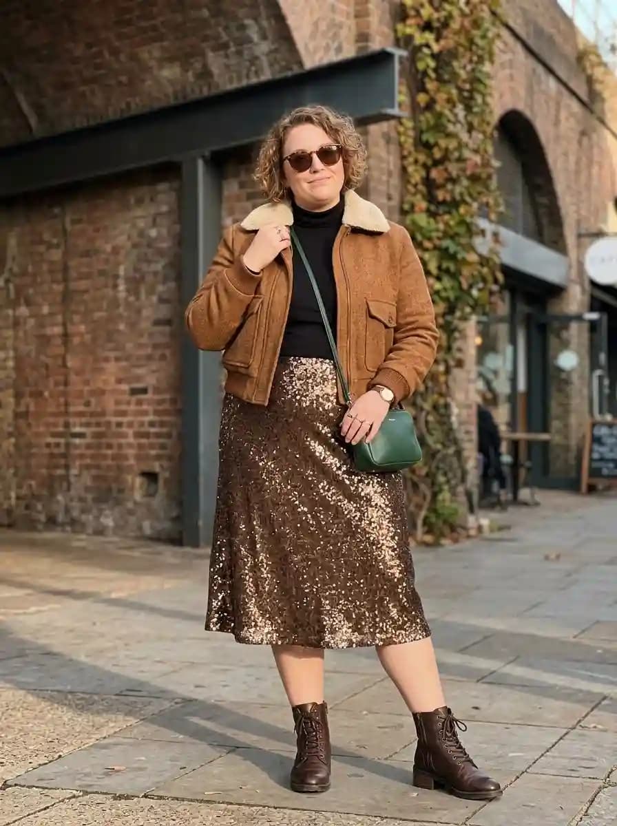 Black Turtleneck + Brown Suede Bomber Jacket + Gold Sequin Midi Skirt