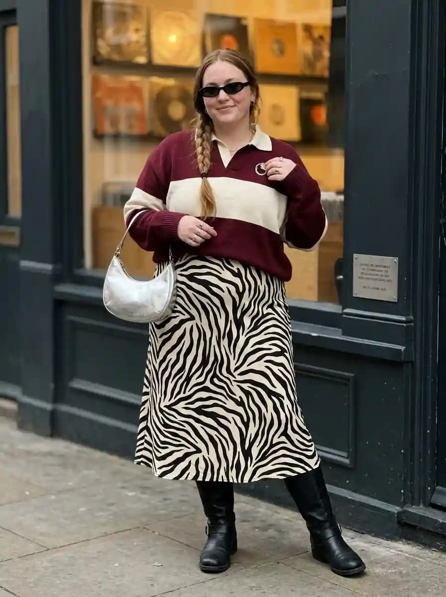 Burgundy Striped Polo Sweater + Zebra Print Midi Skirt