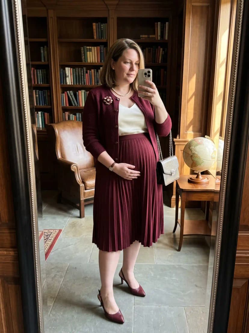 Burgundy Cardigan + Cream Camisole + Burgundy Pleated Maternity Skirt