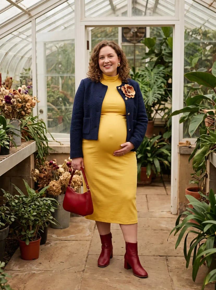 Navy Cropped Jacket + Yellow Turtleneck Maternity Dress