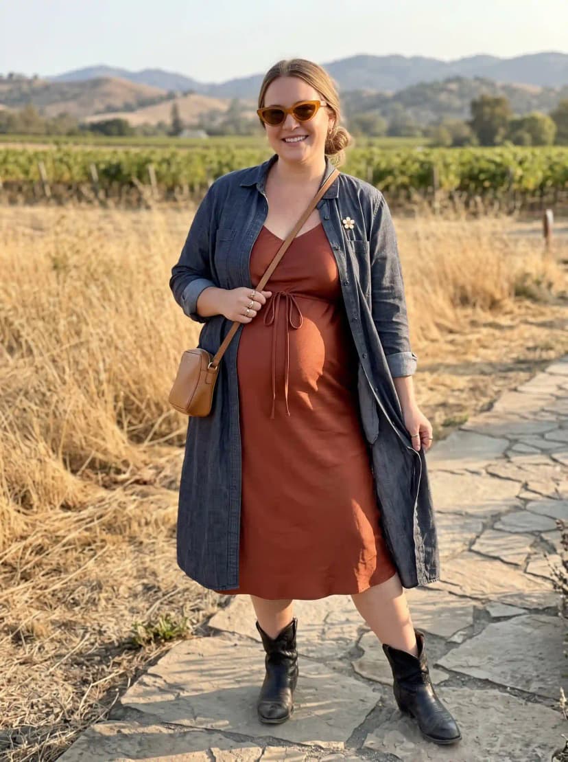 Denim Duster + Rust Slip Maternity Dress