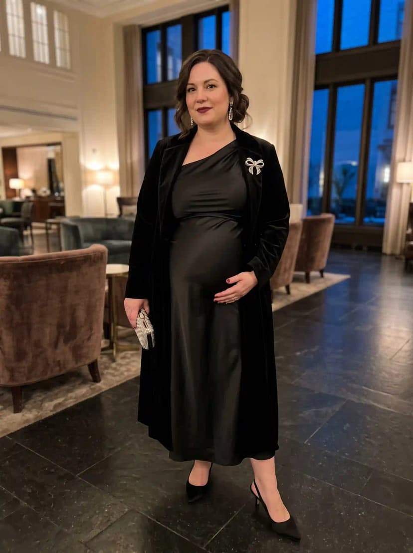 Black Velvet Longline Coat + Black One-Shoulder Maternity Dress