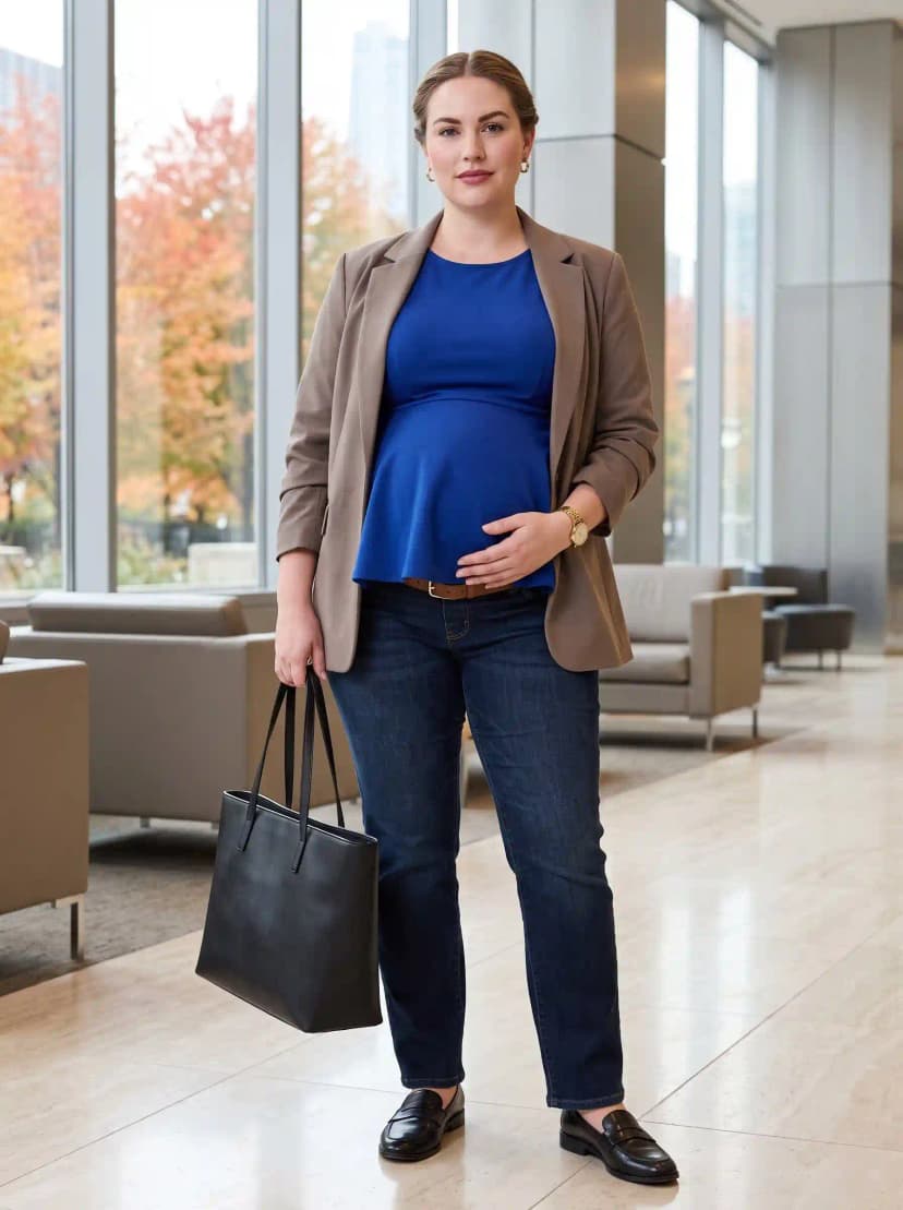 Brown Blazer + Blue Peplum Maternity Top + Dark Wash Maternity Jeans