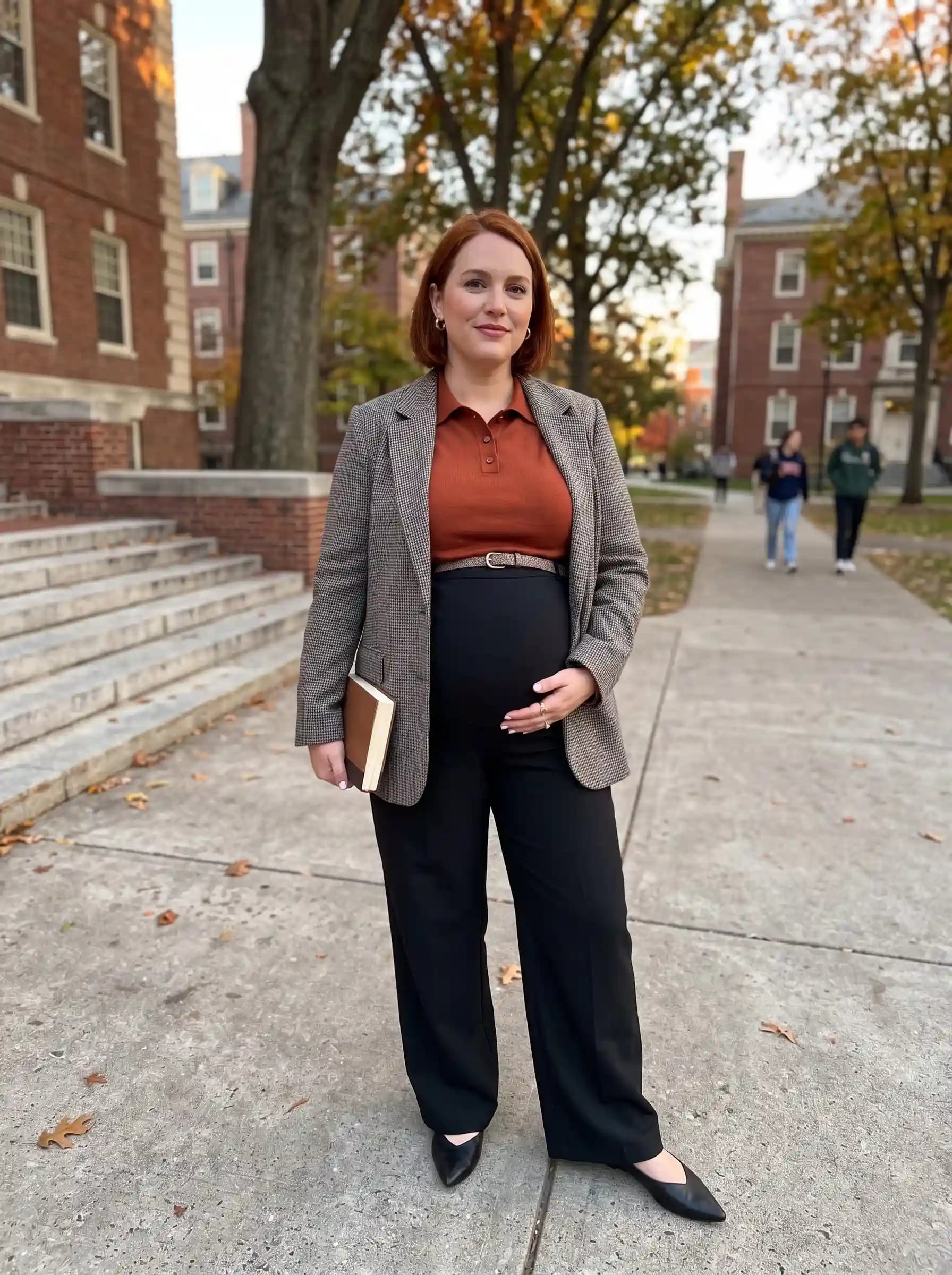 Houndstooth Blazer + Rust Polo Maternity Top + Black Maternity Pants