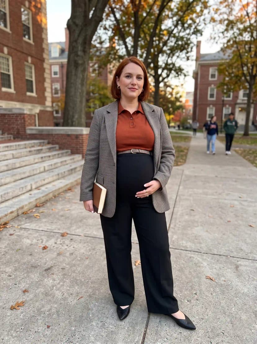 Houndstooth Blazer + Rust Polo Maternity Top + Black Maternity Pants