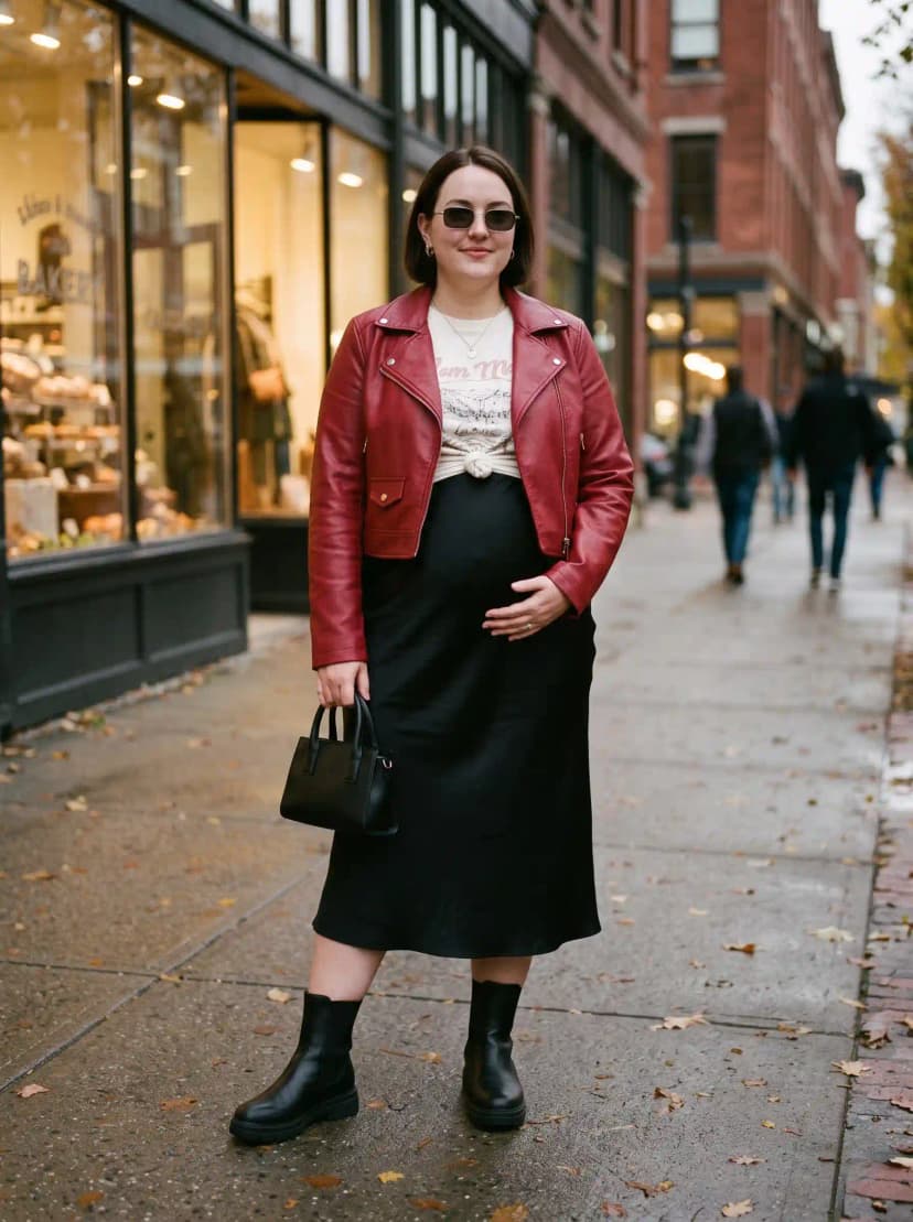 Red Leather Moto Jacket + White Maternity T-Shirt + Black Maternity Slip Dress