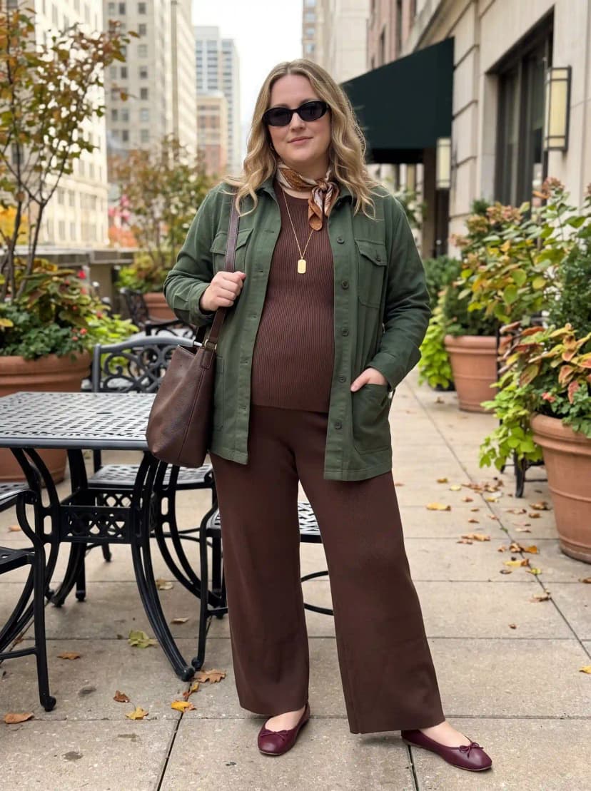Olive Utility Jacket + Brown Ribbed Maternity Top + Brown Wide-Leg Maternity Pants