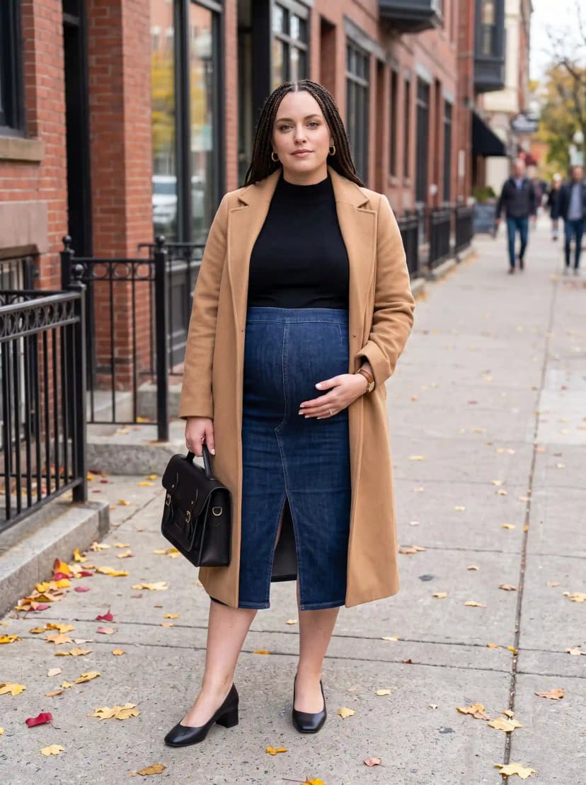 Camel Coat + Black Turtleneck Maternity Top + Denim Maternity Skirt
