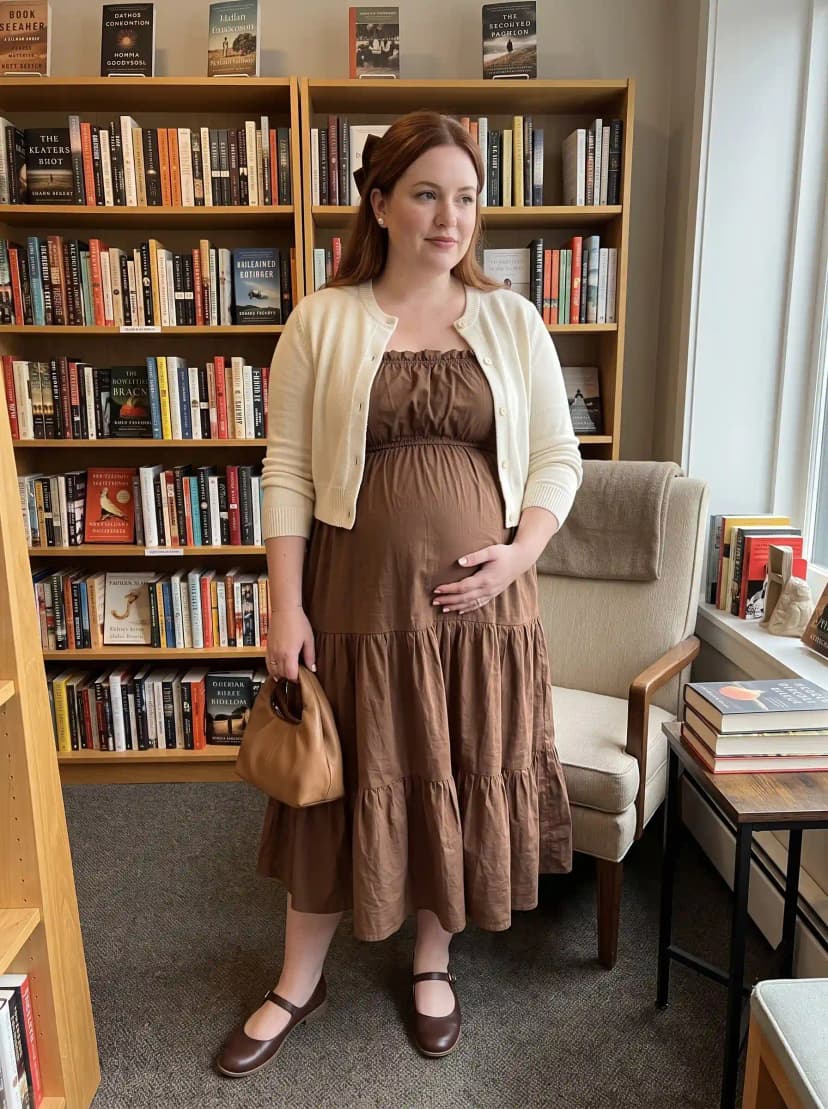 White Cropped Cardigan + Brown Tiered Maternity Dress
