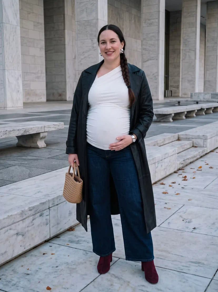 Black Trench Coat + White One-Shoulder Maternity Top + Dark Wash Wide-Leg Maternity Jeans