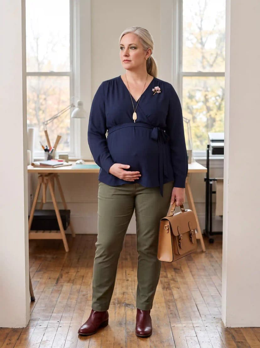 Navy Wrap Maternity Top + Olive Maternity Pants