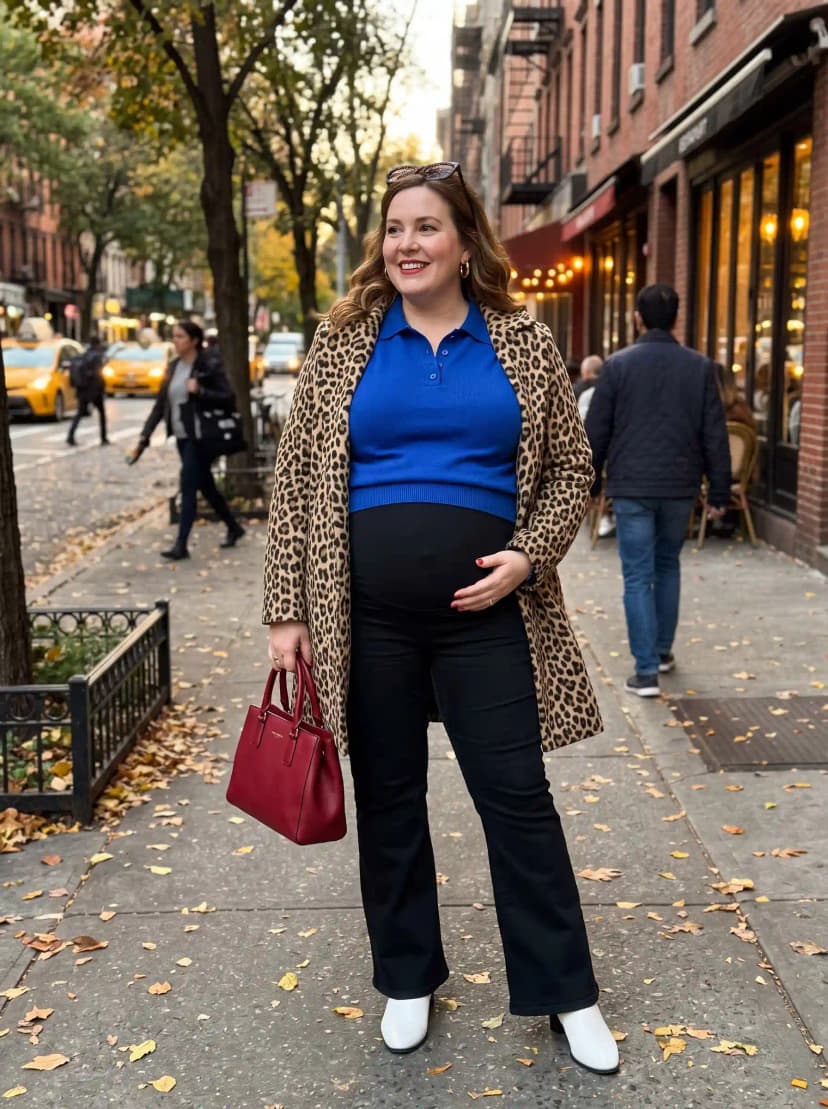 Leopard Print Coat + Blue Polo Maternity Top + Black Maternity Pants