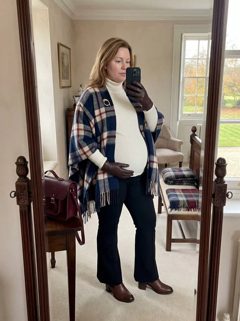 Plaid Poncho + Cream Turtleneck Maternity Top + Black Maternity Pants