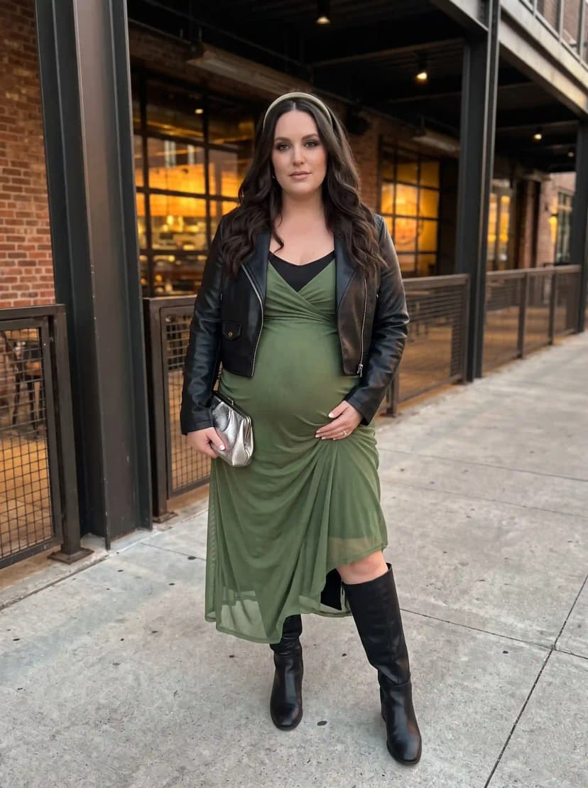 Black Leather Jacket + Olive Ruched Maternity Dress