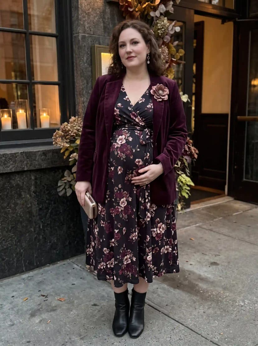 Burgundy Velvet Blazer + Floral Print Maternity Wrap Dress