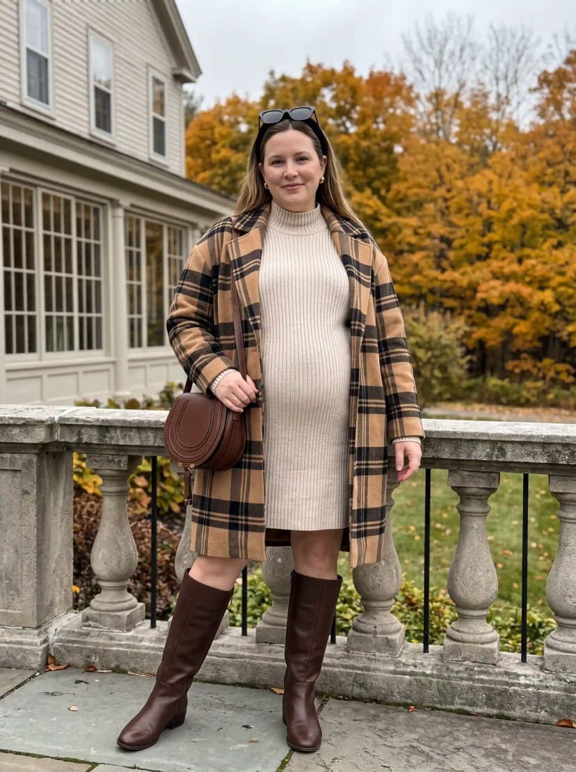 Plaid Coat + Cream Ribbed Maternity Dress