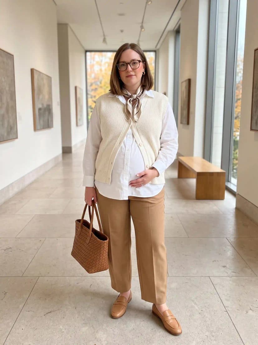 White Button-Down Shirt + Cream Sweater Vest + Tan Maternity Pants