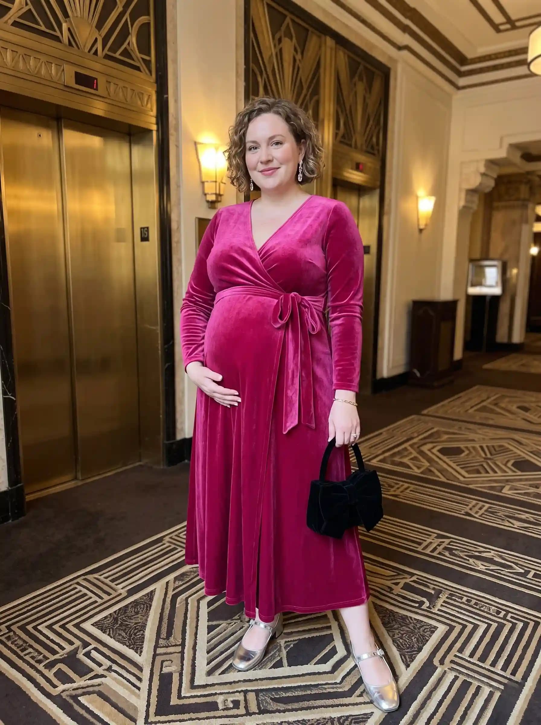 Pink Velvet Wrap Maternity Dress