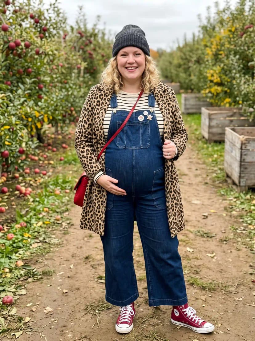 Leopard Print Cardigan + Striped Maternity Top + Denim Overalls