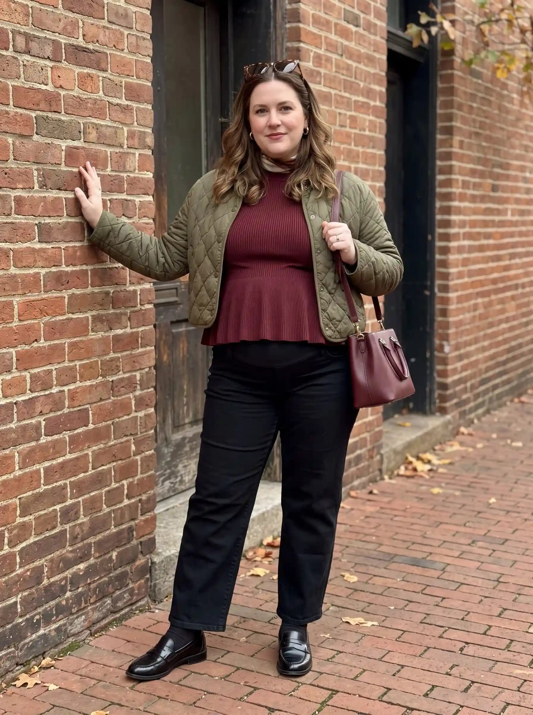 Olive Quilted Jacket + Burgundy Peplum Maternity Top + Black Maternity Pants