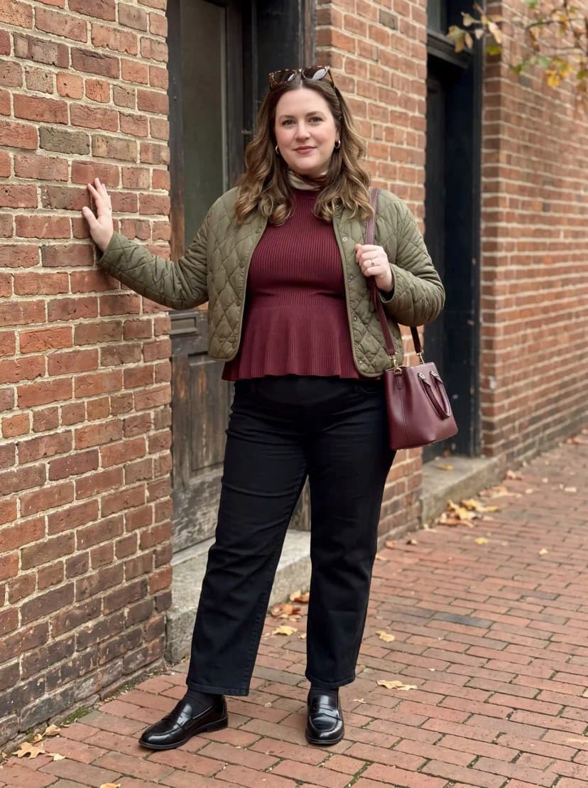 Olive Quilted Jacket + Burgundy Peplum Maternity Top + Black Maternity Pants