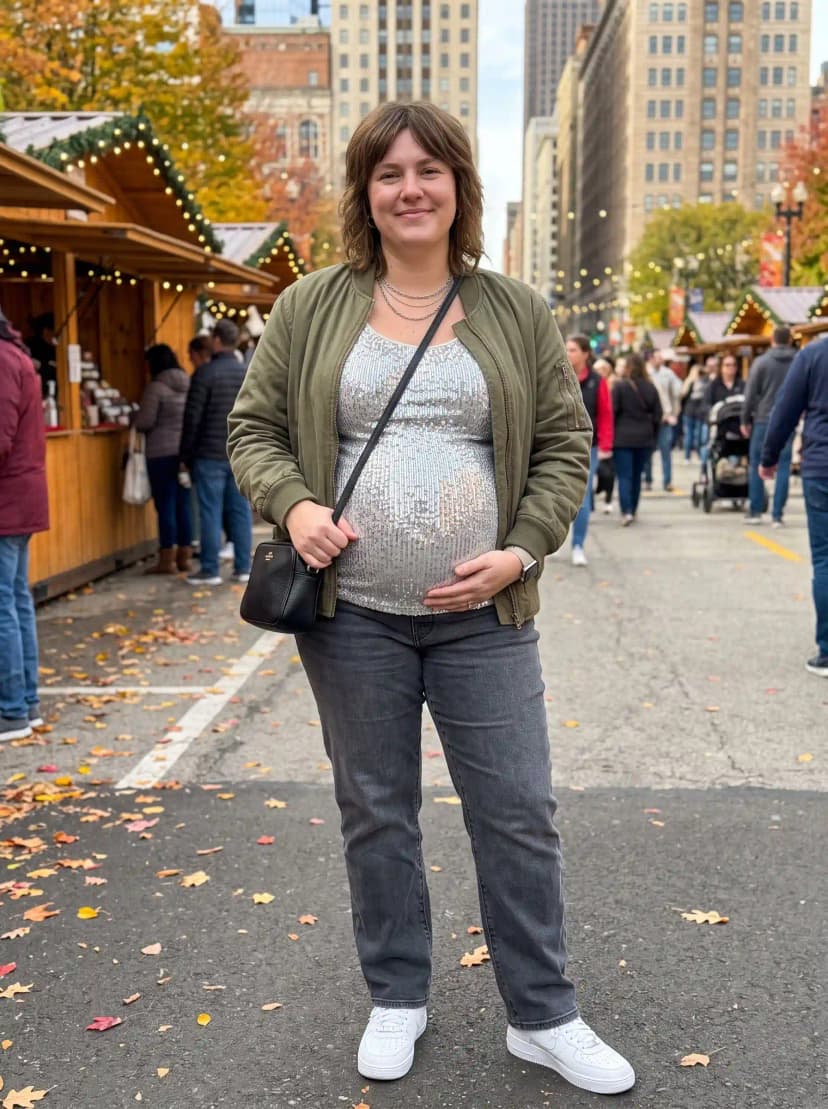Olive Bomber Jacket + Silver Sequin Maternity Top + Grey Maternity Jeans