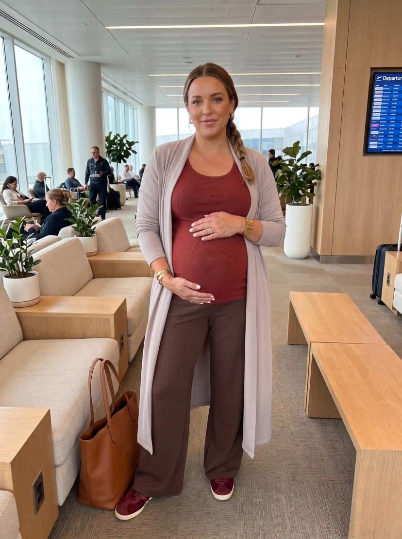 Light Pink Duster Cardigan + Rust Ribbed Maternity Tank Top + Brown Maternity Pants