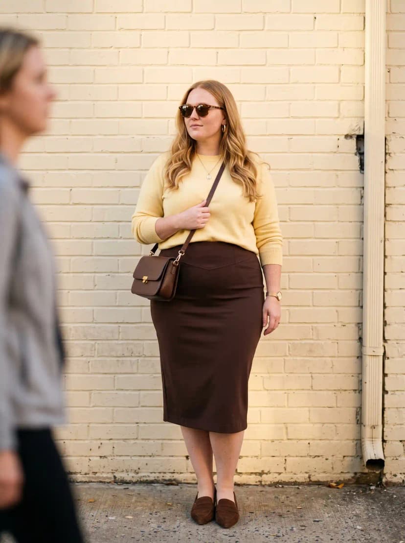 Butter-Yellow Sweater + Chocolate Brown Pencil Skirt