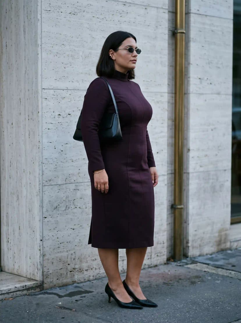 Dark Purple Mock-Neck Sheath Dress + Black Pointed-Toe Pumps