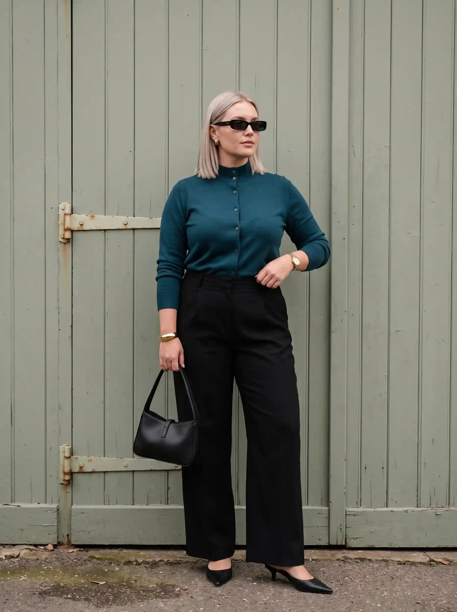 Teal Button-Up Shirt + Black Wide-Leg Trousers