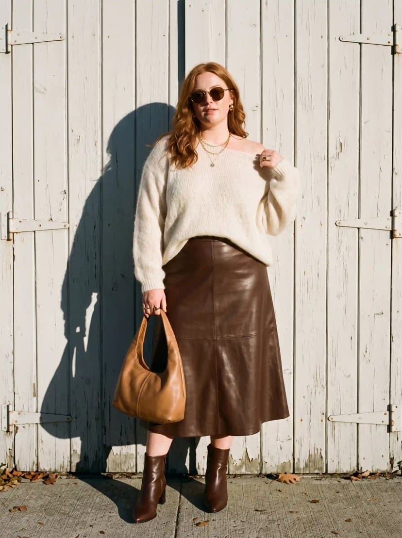 Cream Off-the-Shoulder Sweater + Brown Faux Leather A-Line Skirt