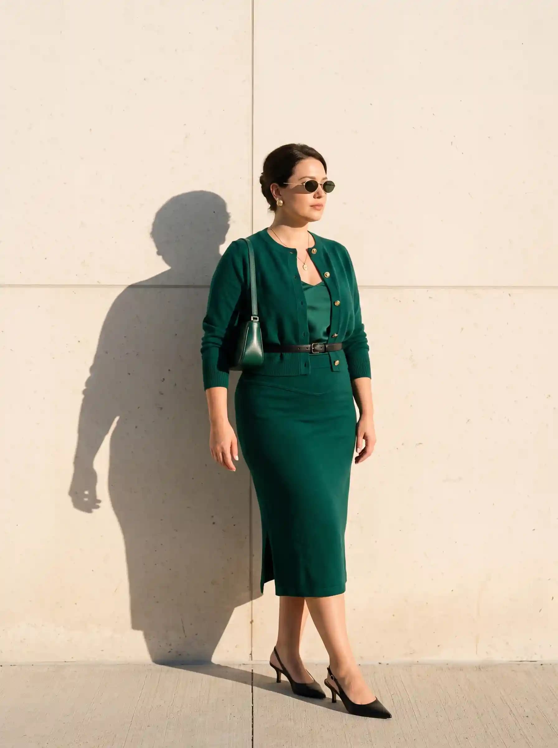 Green Camisole + Green Cardigan + Green Pencil Skirt